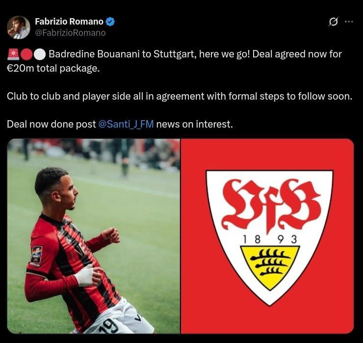 华体会官网入口-Here we go！罗马诺：斯图加特即将签下尼斯20岁前锋布阿纳尼